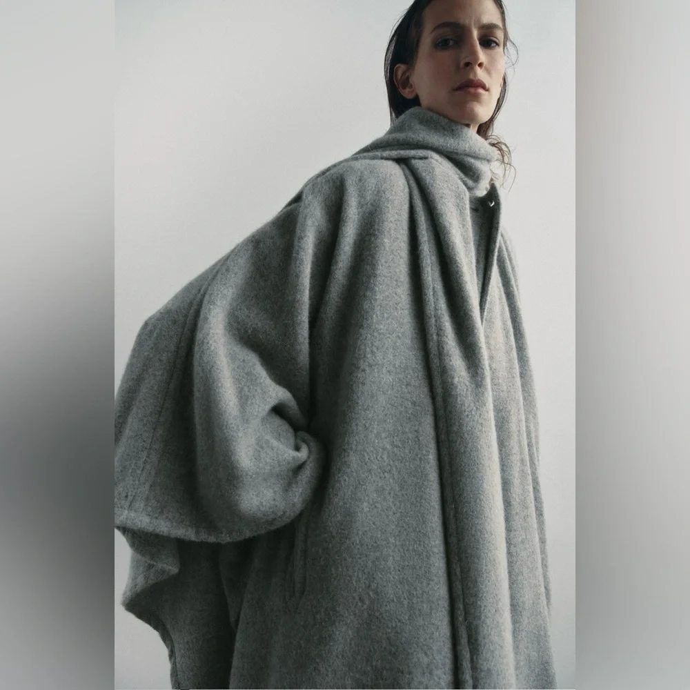 ZARA ALPACA BLEND CAPE COAT WITH SCARF ZW COLLECTION, size MEDIUM, NWT - Picture 4 of 13